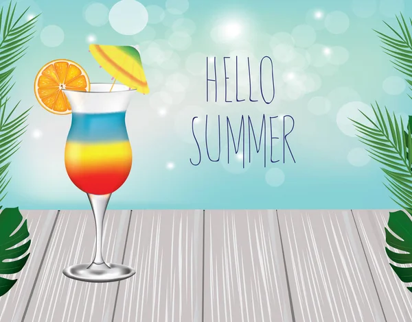 Tekst Hello Summer. cocktail op houten planken — Stockvector