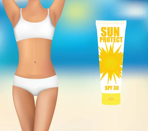 Corpo donna con crema solare lozione — Vettoriale Stock