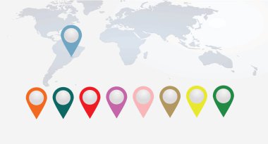 Dünya haritasında renkli işaretçiler. vektör illüstrasyon