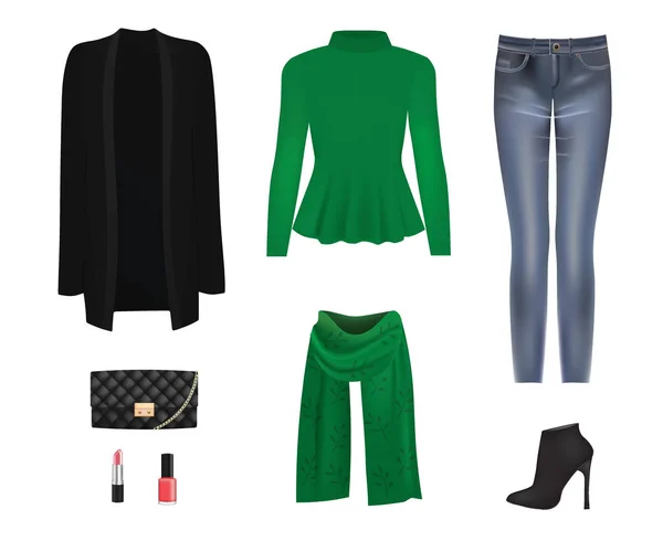 Mulheres prontas. camisola, casaco de lã, calças, cachecol, saco e botas — Vetor de Stock