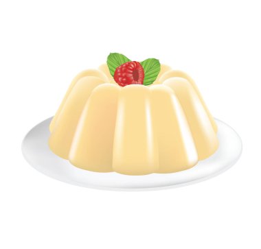 Tabağında ahududu olan vanilyalı puding. vektör