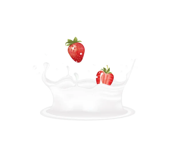 Salpicadura Leche Con Fresas Ilustración Vectorial — Vector de stock