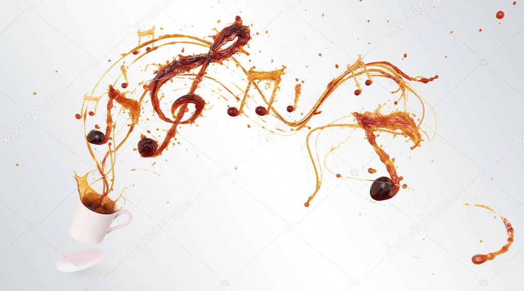 Song of the Coffee splash with the shape of a melody, symbolic or Creative for celebration concept, Coffee Splash with Clipping path 3d illustration.
