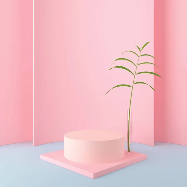 Abstracte roze geometrische vorm achtergrond, moderne minimalistische mockup voor podium display of showcase met groen verlof. — Stockfoto