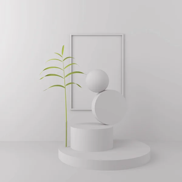 Latar belakang bentuk geometris putih abstrak, mockup minimalis modern untuk tampilan podium atau showcase dengan cuti hijau . — Stok Foto