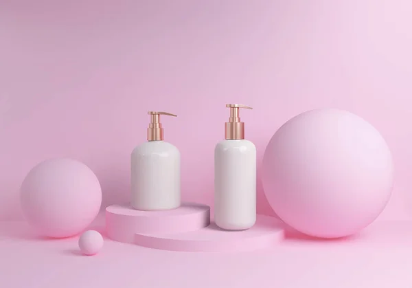 추상 핑크 배경, 로션, 샴푸, 패키지 3D 렌더링사실적인 화장품 크림 용기 병. — 스톡 사진