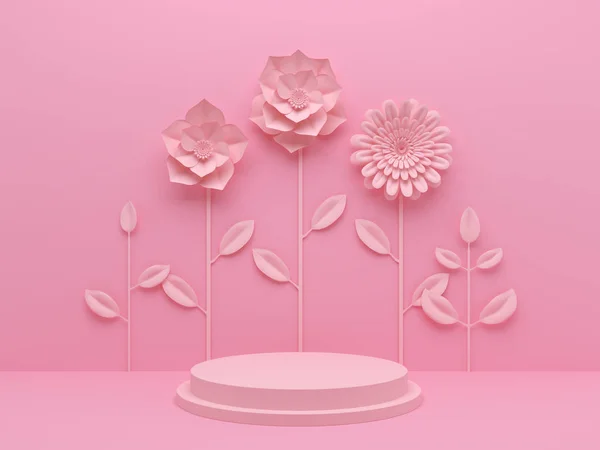 soyut pembe çiçek ve geometrik şekil arka plan, podyum ekran veya vitrin için modern minimalist mockup.