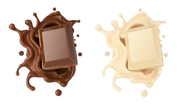 Ciemne i białe kawałki czekolady wchodzących na sos czekoladowy i mleko Krem Splash 3D ilustracja. — Zdjęcie stockowe