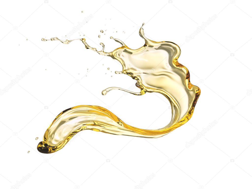 Olive or engine oil splash, golden sunflower oil isolated on white background, 3d illustration with Clipping path.