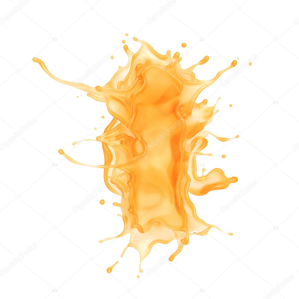 orange juice splash isolated on white background, 3d rendering Include clipping path.