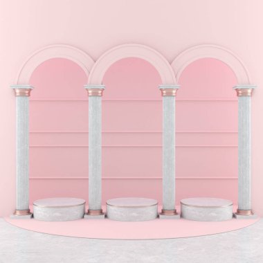 Pastel renkli geometrik sahne ile ürün standı, 3d render şekil arka plan.