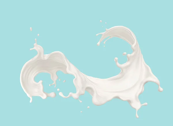 Stříkající mléko nebo jogurt izolované na modrém pozadí, 3D vykreslování zahrnout ořezovou cestu. — Stock fotografie