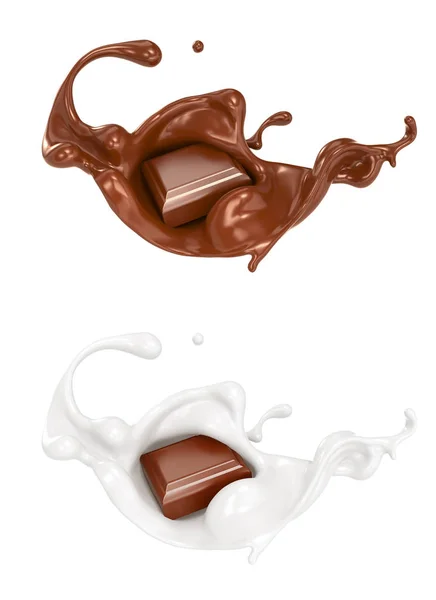 chocolate pieces falling on chocolate sauce and Milk cream splash 3d illustration.