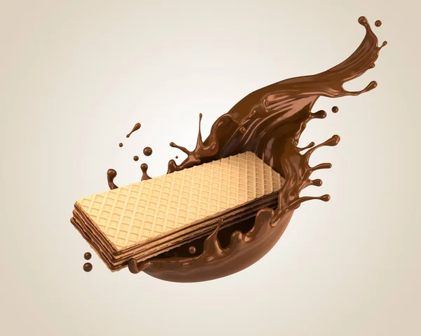 Krispig Wafer Med Choklad Mjölk Stänk Med Urklippsbana Illustration — Stockfoto