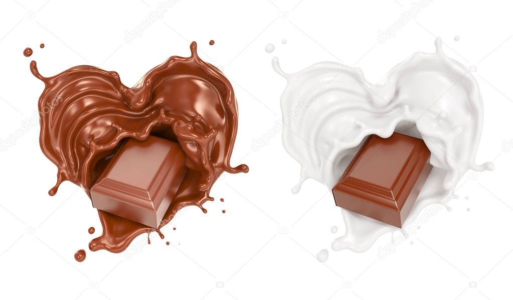 chocolate pieces falling on chocolate sauce and Milk cream splash in Heart shape 3d illustration.
