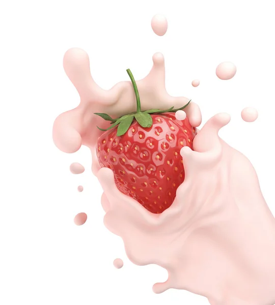 Truskawka Wpadające Różowe Mleko Lub Jogurt Splash Ilustracja — Zdjęcie stockowe