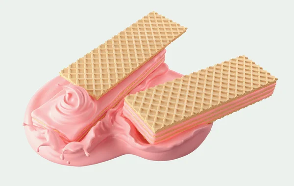 Crispy Wafer Milk Cream Splash Strawberry Flavor Clipping Path Illustration — Stock Photo, Image