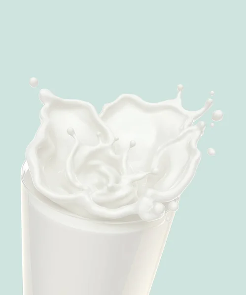 Primo piano spruzzata di latte nel bicchiere e versando isolato su sfondo con percorso di ritaglio, rendering 3d — Foto Stock