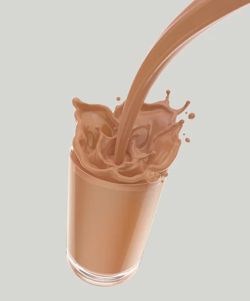 Splash van chocolademelk in het glas, gieten cacao splash geïsoleerd op de achtergrond met clipping pad. — Stockfoto