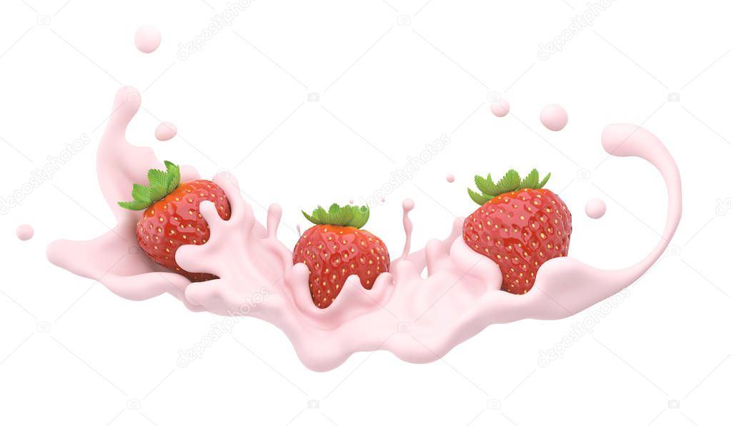 Strawberry falling into pink milk or yogurt splash, 3d illustration.