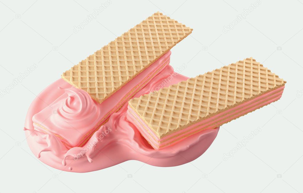 crispy wafer with Milk cream Splash, or strawberry flavor, with Clipping path 3d illustration.