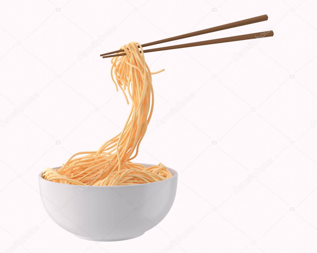 Chinese noodle or Japanese Instant noodle Chopped with chopsticks form white bowl.