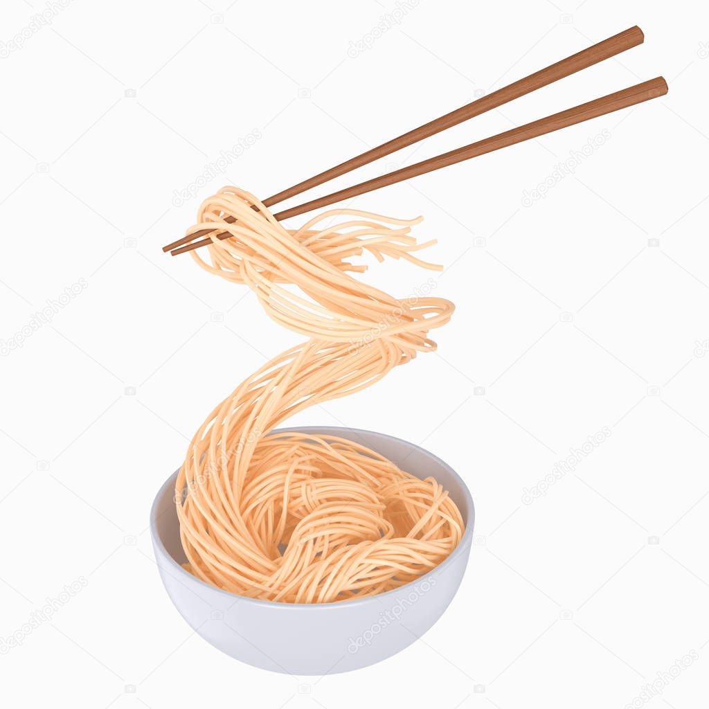 Chinese noodle or Japanese Instant noodle Chopped with chopsticks form white bowl, twist or swirl shape 3d Illustration.