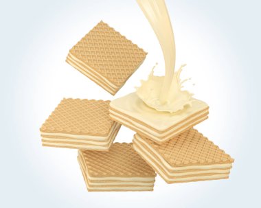 Sütlü ya da vanilyalı bisküvi yığını, kırpma yolu 3d illüstrasyonunu da içerir.