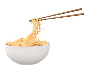 Çin eriştesi ya da yemek çubuklarıyla doğranmış Japon eriştesi beyaz kâse, kıvrım ya da kıvrım şekilli 3D Illustration.