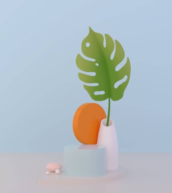 soyut podyum ve boş vitrin, vitrin ya da ilkel şekilli boş ürün standı, minimum arka plan. Pastel renk 3d oluşturma