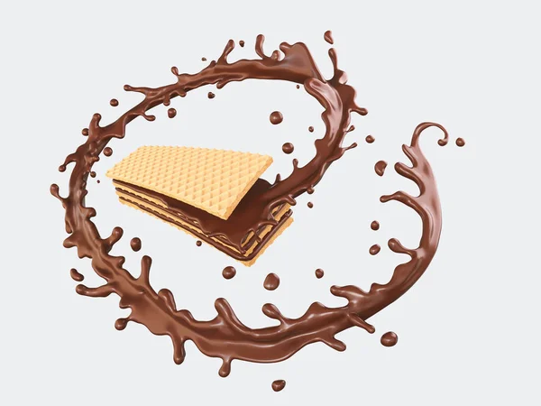 Stapel Van Wafer Biscuit Met Chocolade Melk Crème Splash Omvatten — Stockfoto
