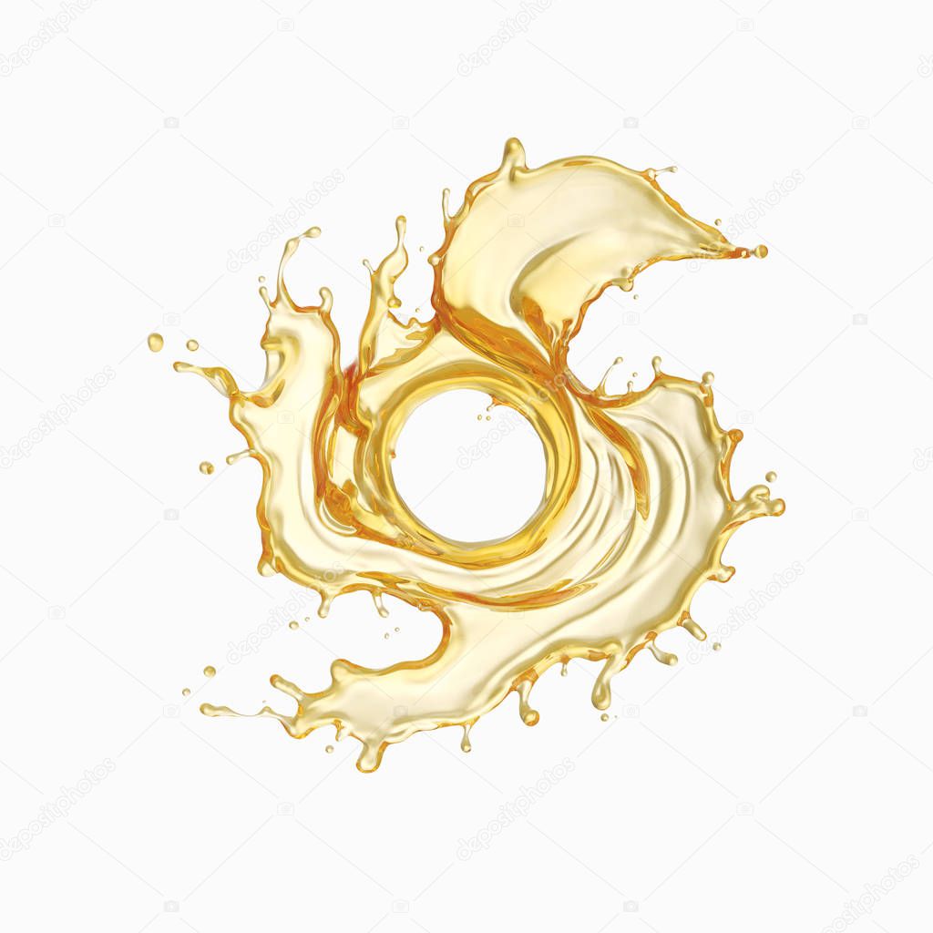 Olive or engine oil splash, golden sunflower oil isolated on white background, 3d illustration with Clipping path.