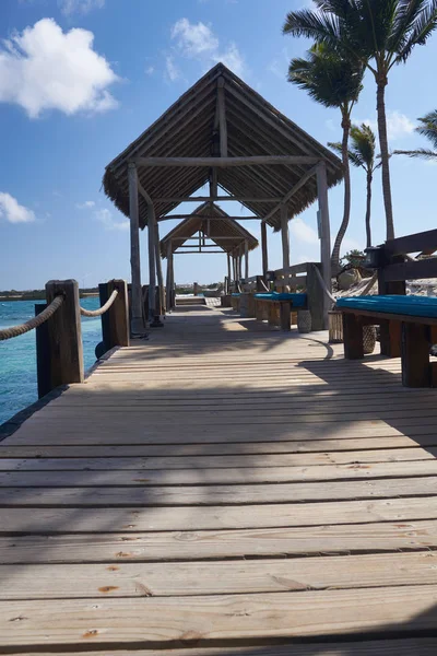 Techos Paja Muelle Barcos Isla Caribe — Foto de Stock