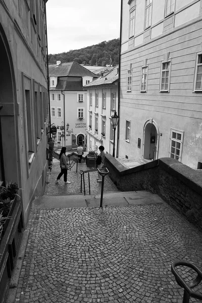 プラハの通りの多くは石畳に敷かれられており ブロックによって大きく異なる信じられないほどのパターンとデザインのシリーズを誇っています — ストック写真