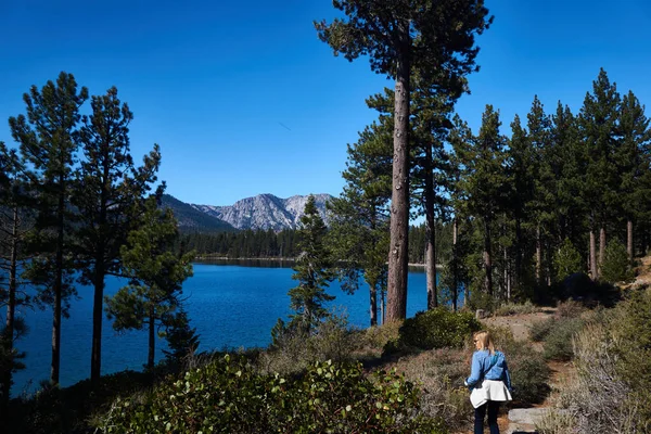 Tahoe Gölü Yakınlarındaki Bir Dağ Yolunda Kadın Yürüyüşçü — Stok fotoğraf