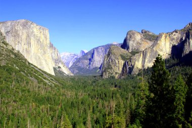 Tünel Manzarası Yosemite Vadisi 'nin en ünlü manzaralarından birini sunuyor. Buradan El Capitan ve Bridalveil Fall' ın Yosemite Vadisi 'nden yükselişini görebilirsiniz. Arka planda Half Dome var..