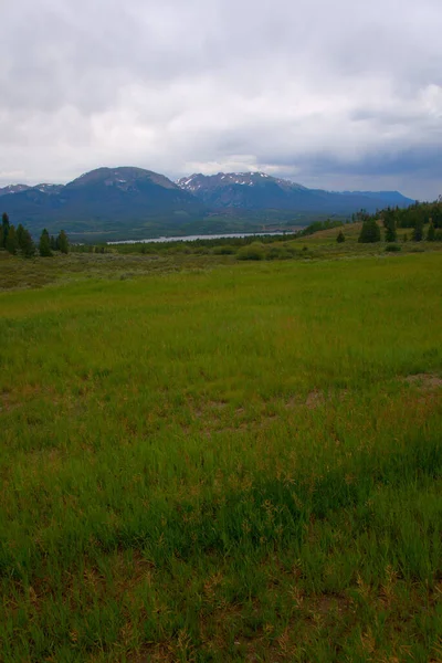 Prairie Montagne Avec Lac Arrière Plan Avec Des Sommets Dessus — Photo