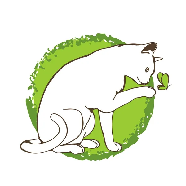 Curioso gato blanco sobre fondo verde. Lindo gato jugando . — Archivo Imágenes Vectoriales