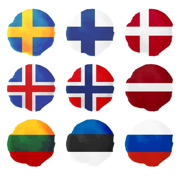 Дев'ять акварель європейські прапори, Північна і Східна Європа — стоковий вектор