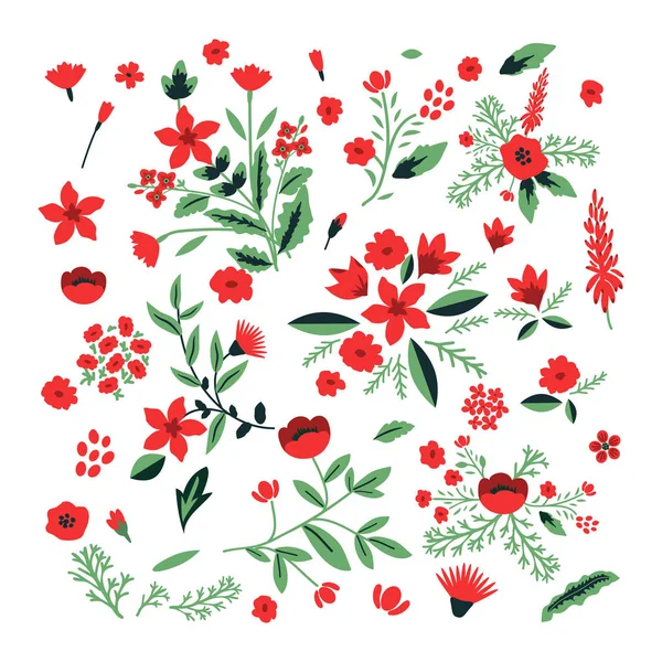 Conjunto Flores Vermelhas Vetoriais Decorativas —  Vetores de Stock