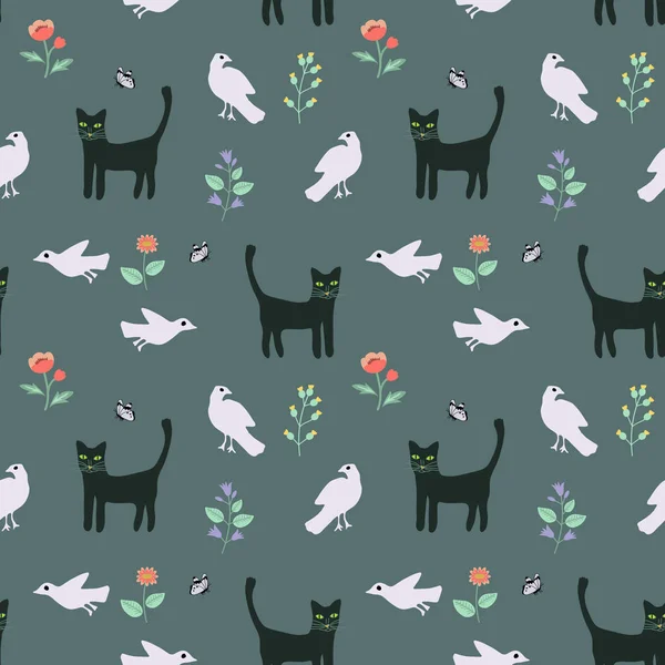 Chats et oiseaux sans couture — Image vectorielle