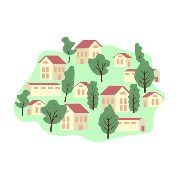 シンプルな村と木のベクトル図 — ストックベクタ