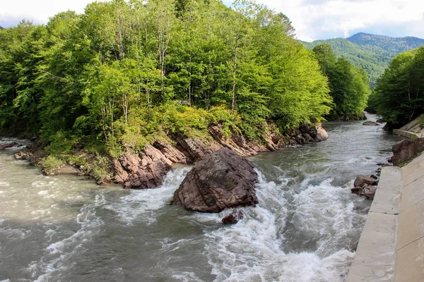 Kurjips Nehri, Rusya, Lago Naki Platosu, Batı Kafkasya, Adygea Cumhuriyeti. Dağlar, nehir, doğa, bahar 