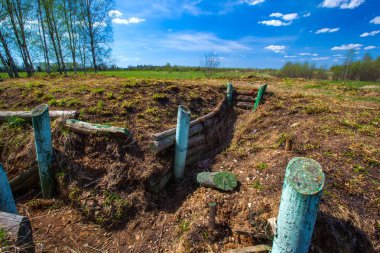 İkinci Dünya Savaşı ile ahşap, kırmızı karanfiller kurbanları anısına güçlendirilmiş derin siperlerde. Askeri siperler yakınındaki oraya şehir merkezinde Dubosekovo, Moscow Region, Rusya Federasyonu.