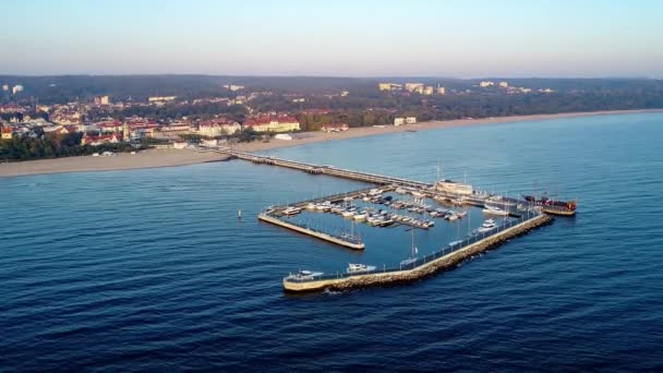 Sopot Resort Poland Wooden Pier Molo Promenade Marina Yachts Pirate — Stock Video