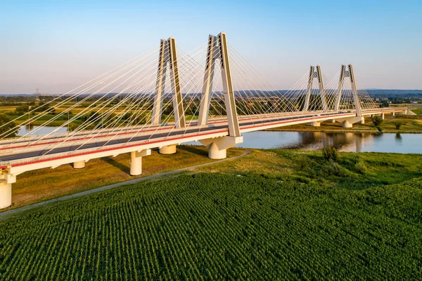Nowy Nowoczesny Podwójny Most Wantowy Nad Rzeką Wisłą Krakowie Części — Zdjęcie stockowe