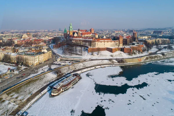 Castelo Wawel Catedral Parcialmente Congelado Rio Vístula Inverno Cracóvia Polónia — Fotografia de Stock