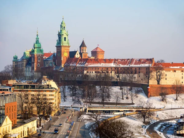Cracóvia Polónia Catedral Wawel Castelo Inverno Com Neve Margem Rio — Fotografia de Stock