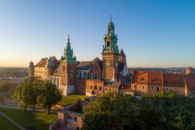 Polonya 'nın Krakow şehrindeki tarihi Wawel katedrali ve kalesi. Yazın erken saatlerinde gün doğumunda hava manzarası