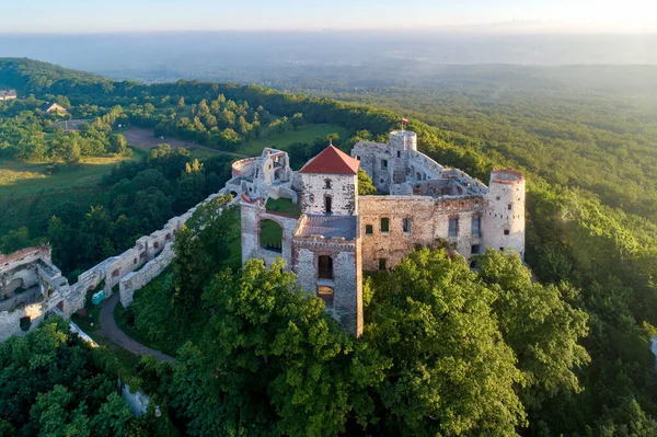 Zřícenina Středověkého Hradu Tenczyn Rudně Krakova Polsku Letecký Pohled Východ — Stock fotografie